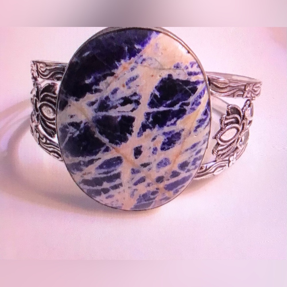 Sodalite Stamped 925 Sterling Silver Cuff Bracelet